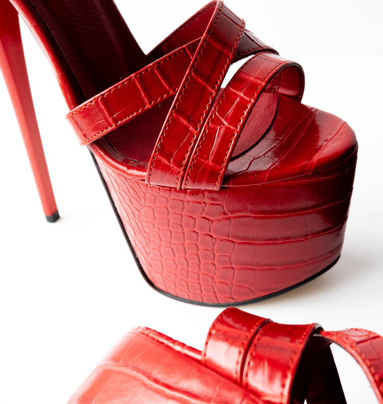 Red Croco Cross Trap High Heel Sandals