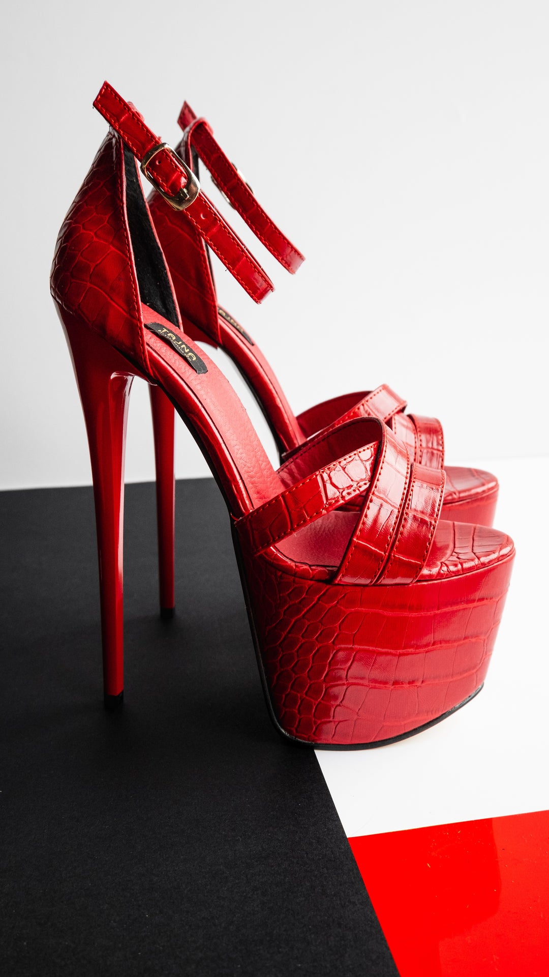 Red Croco Cross Trap High Heel Sandals