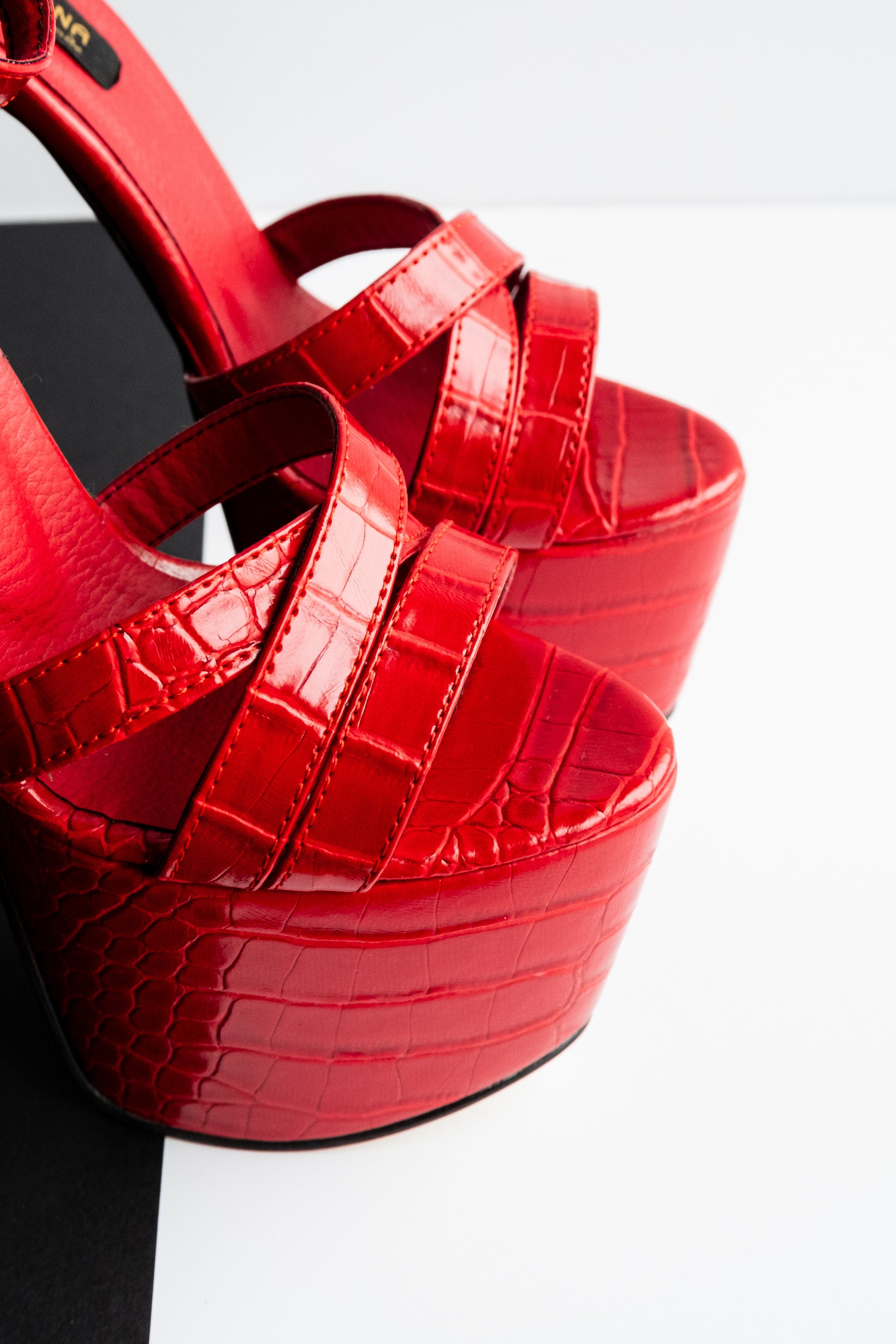 Red Croco Cross Trap High Heel Sandals