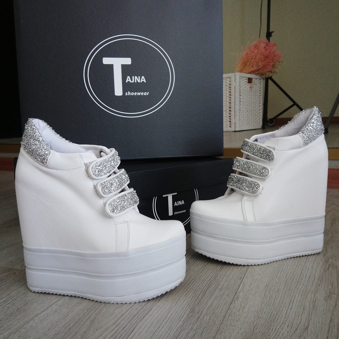 Sport Platforms Silver White Wedge Shoes - Tajna Club