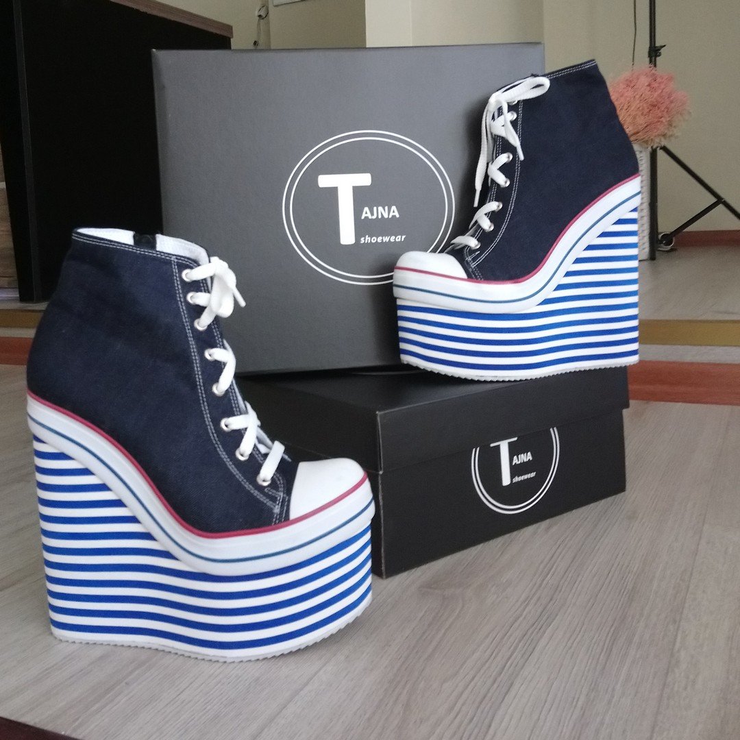 Denim Lace Up Sport Platforms Jean Blue Wedge Shoes - Tajna Club