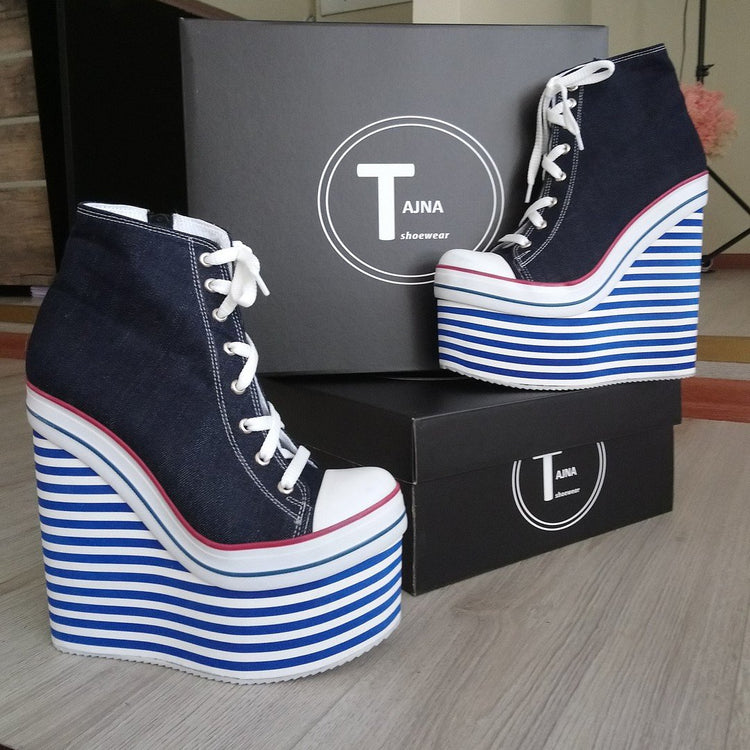 Denim Lace Up Sport Platforms Jean Blue Wedge Shoes - Tajna Club