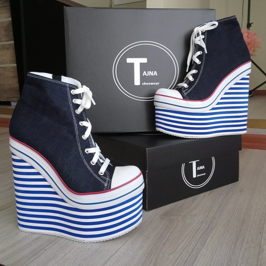 Denim Lace Up Sport Platforms Jean Blue Wedge Shoes