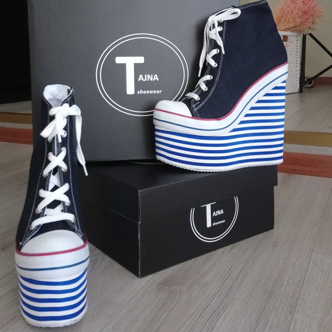 Denim Lace Up Sport Platforms Jean Blue Wedge Shoes - Tajna Club