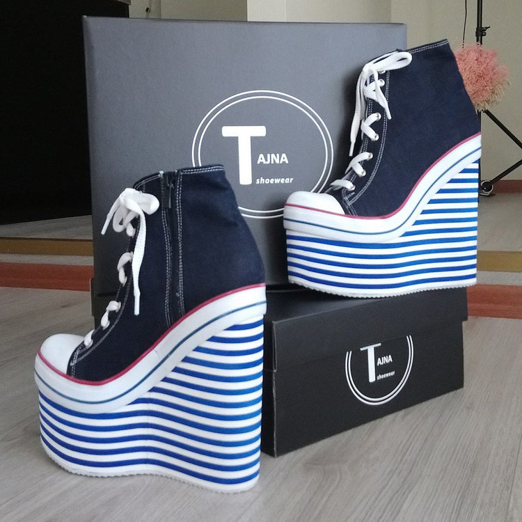Denim Lace Up Sport Platforms Jean Blue Wedge Shoes - Tajna Club