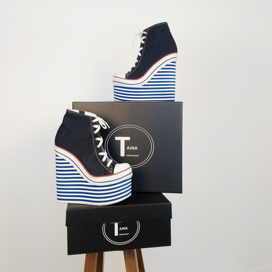 Denim Lace Up Sport Platforms Jean Blue Wedge Shoes - Tajna Club