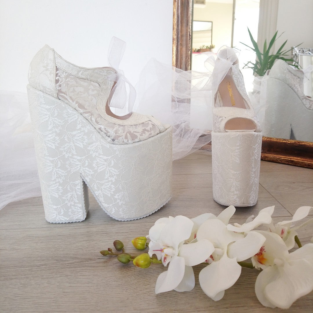 Full Lace Super High Heel Wedding Wedge Shoes - Main Image