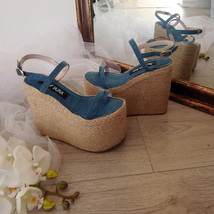 Platform Jean Denim Espadril Wedge Sandals - Tajna Club