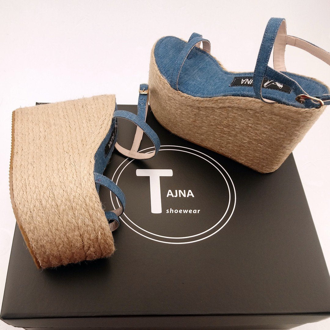 Platform Jean Denim Espadril Wedge Sandals - Tajna Club