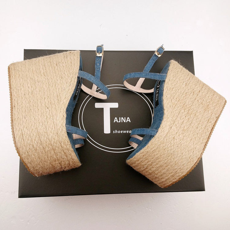 Platform Jean Denim Espadril Wedge Sandals - Tajna Club