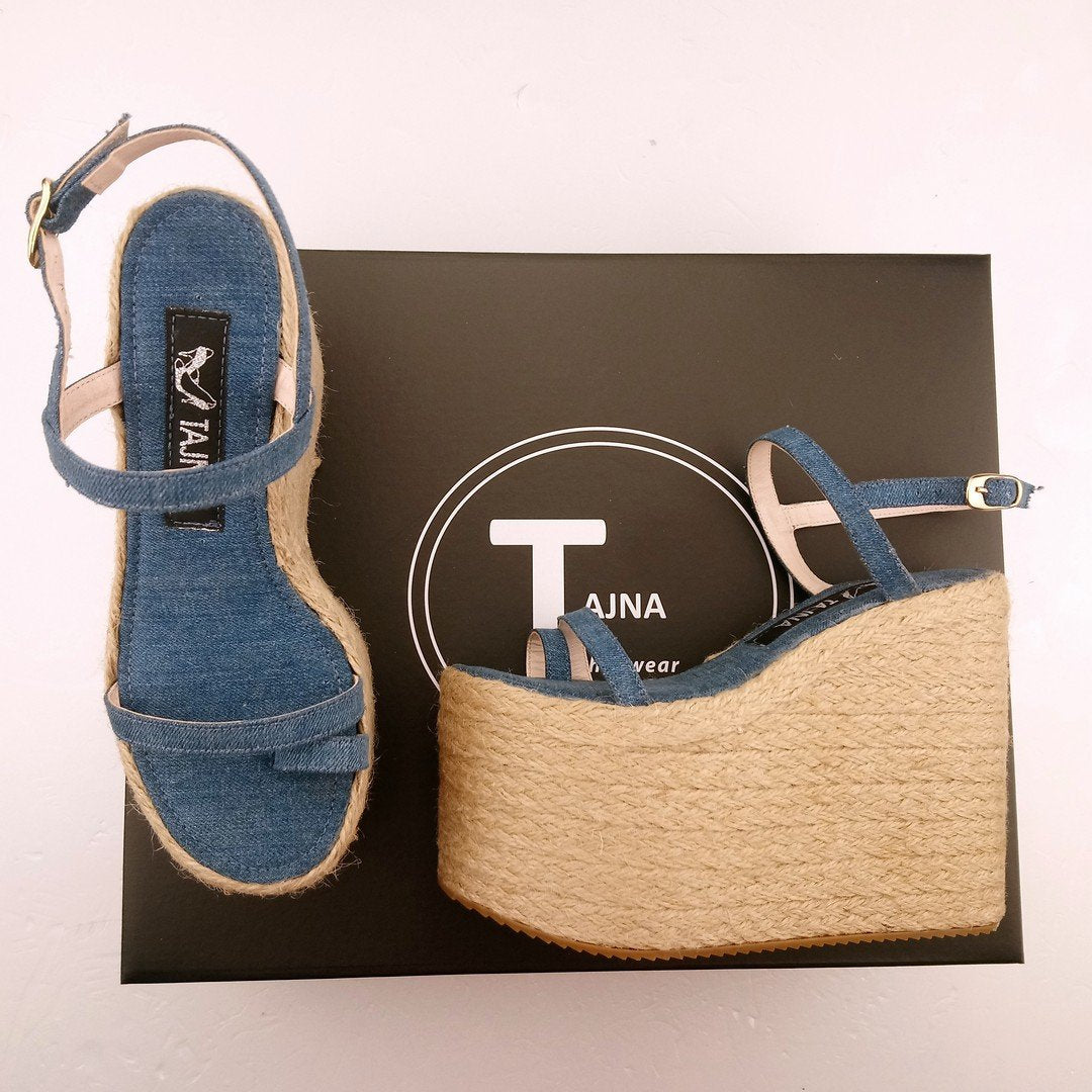 Platform Jean Denim Espadril Wedge Sandals - Tajna Club