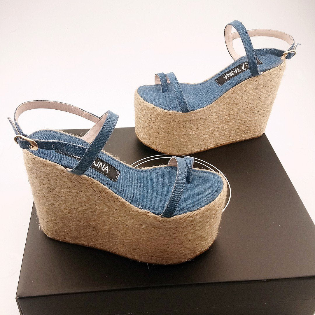 Platform Jean Denim Espadril Wedge Sandals - Tajna Club
