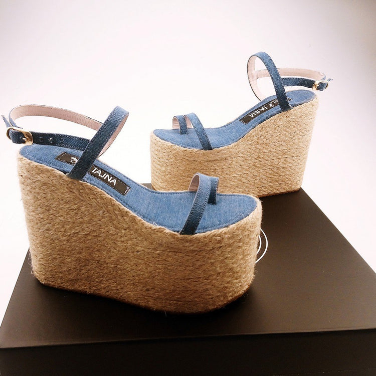 Platform Jean Denim Espadril Wedge Sandals - Tajna Club