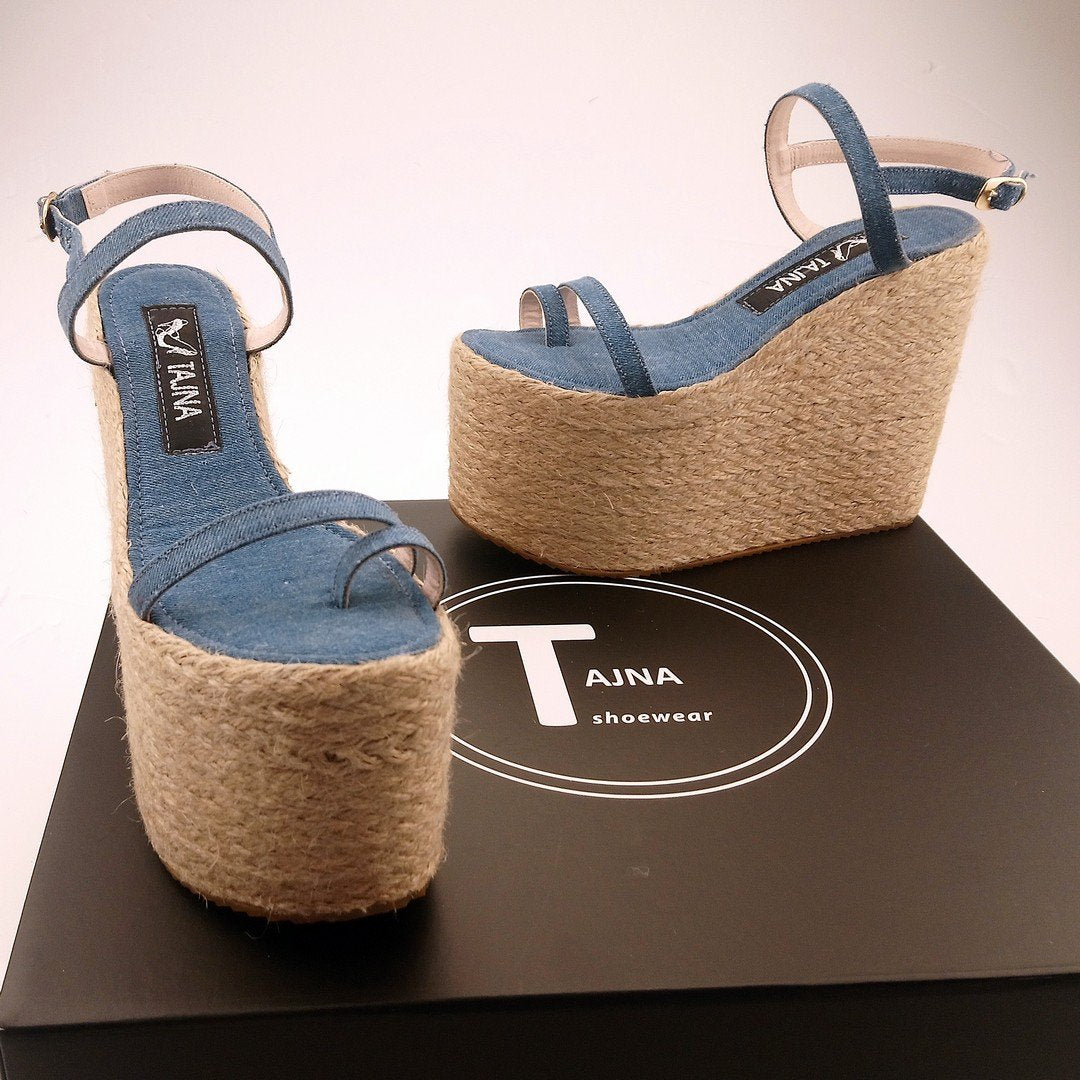 Platform Jean Denim Espadril Wedge Sandals - Tajna Club