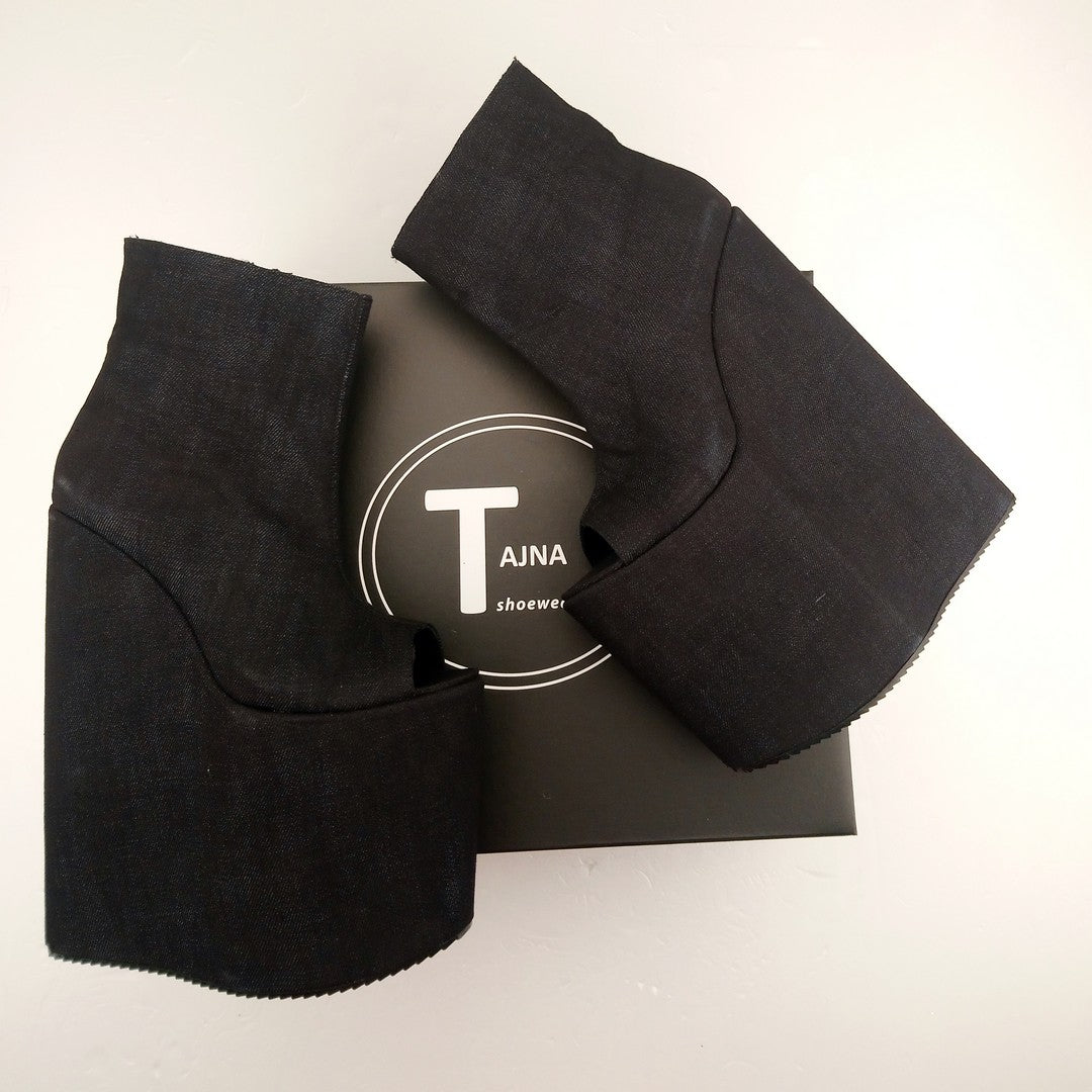 Dark Jean Peep Toe Platform High Heel Wedge Booties - Tajna Club