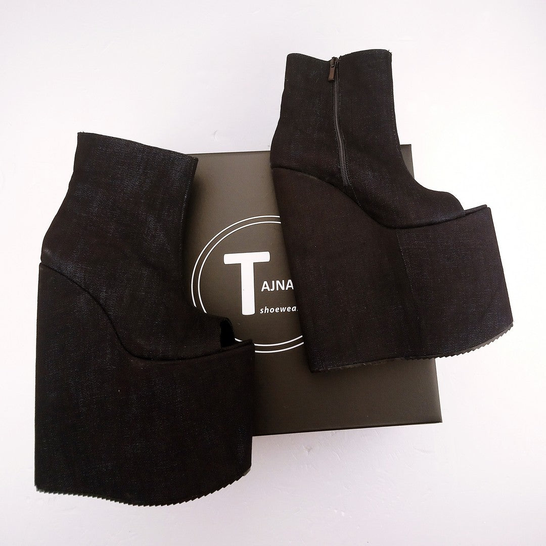 Dark Jean Peep Toe Platform High Heel Wedge Booties - Tajna Club