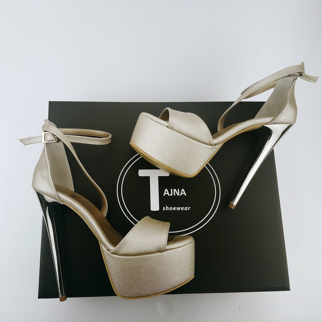 Dark Gold Silver Heel Strap Platforms - Tajna Club