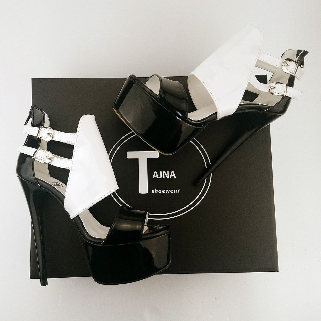 Belted Black White Ankle High Heel Platforms - Tajna Club