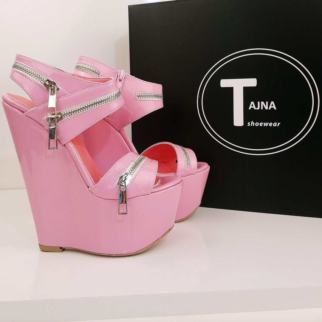 Baby Pink Patent Leather 17 cm Heel Wedge Sandals - Tajna Club