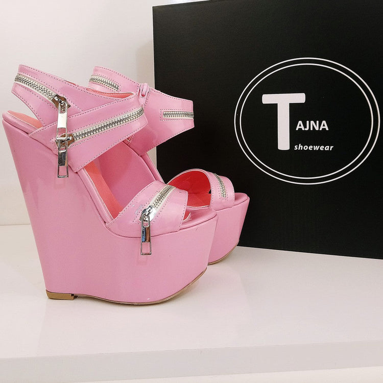 Baby Pink Patent Leather 17 cm Heel Wedge Sandals - Tajna Club