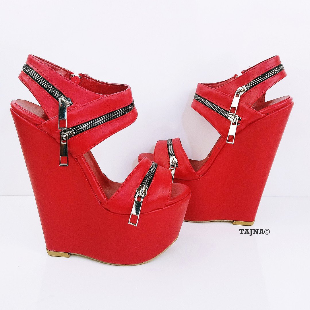 Red Zipper 17 cm Heel Wedge Sandals