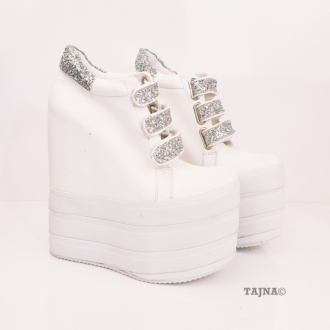 Sport Platforms Silver White Wedge Shoes - Tajna Club