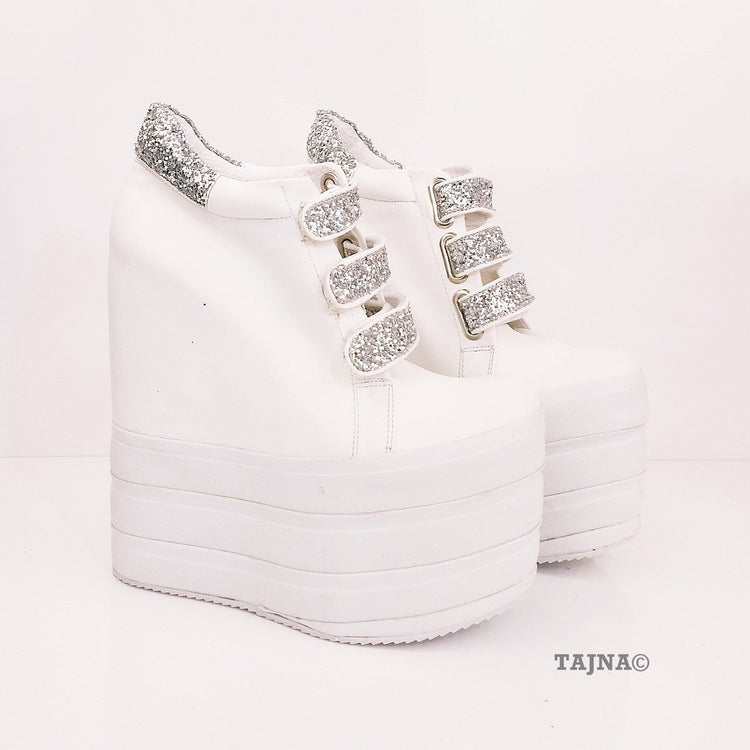 Sport Platforms Silver White Wedge Shoes - Tajna Club