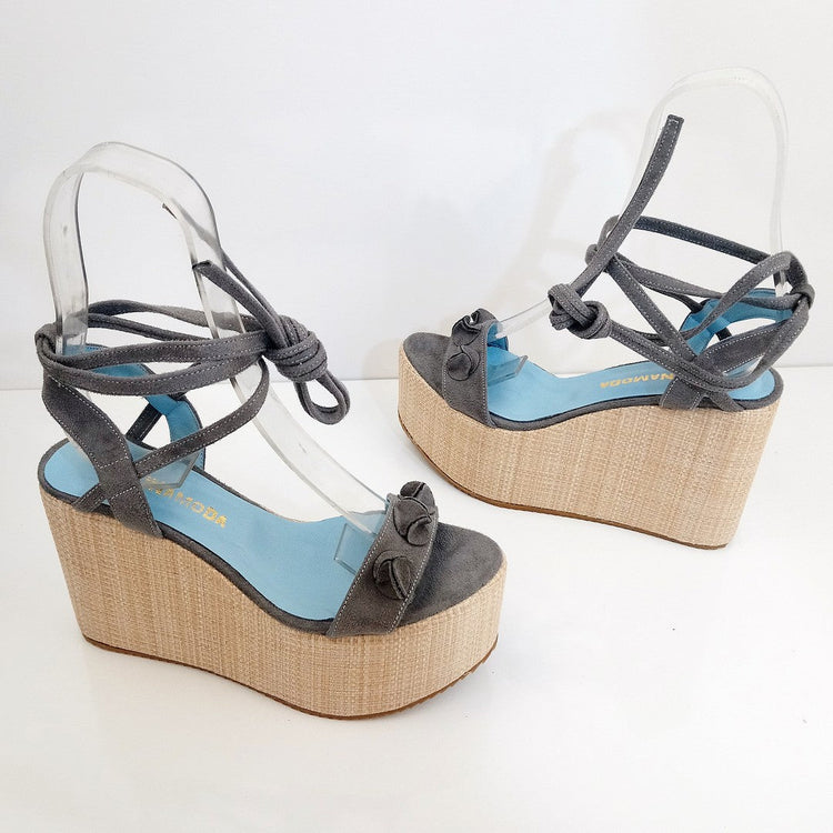 Lace Up Gray Suede Wedge Platform Sandals - Tajna Club