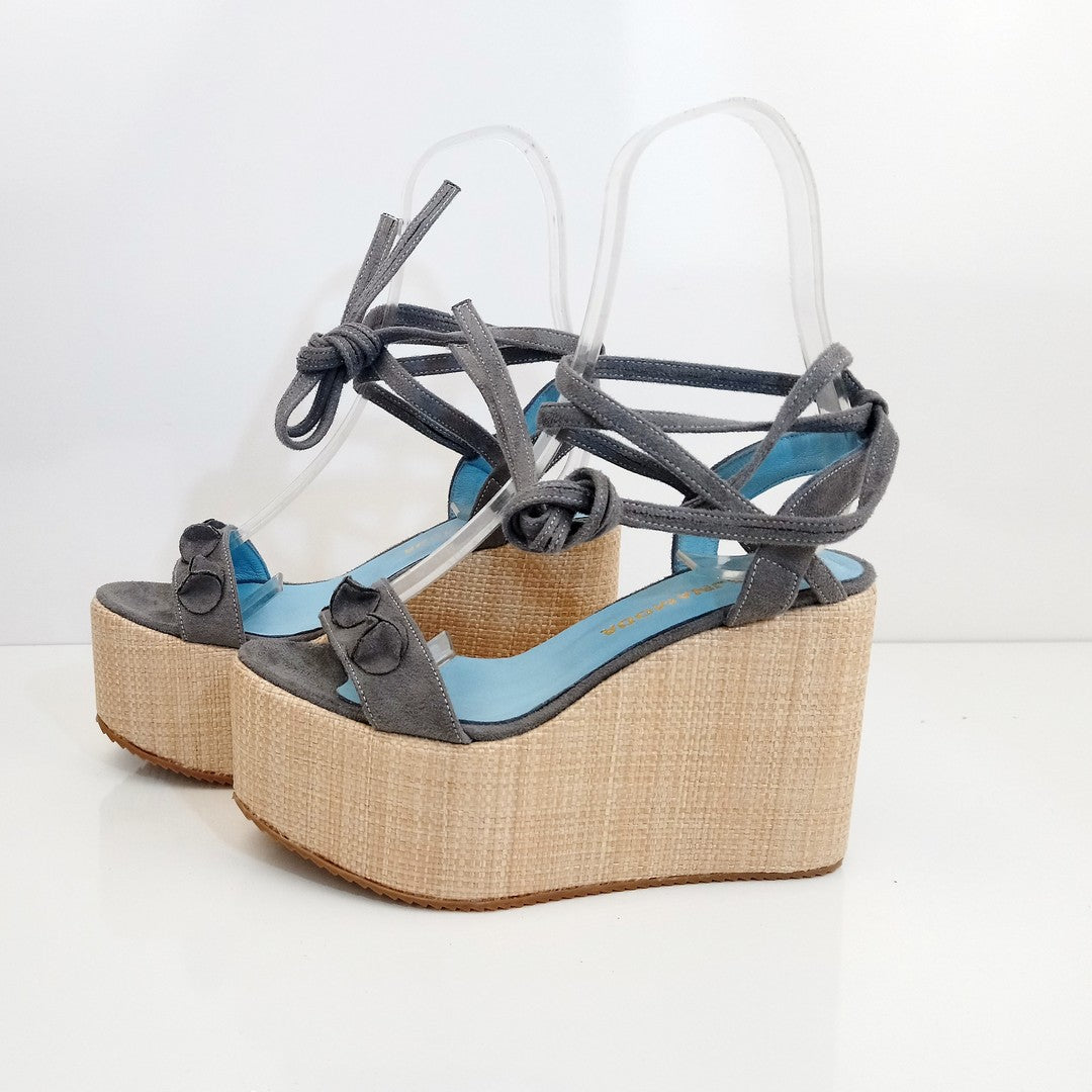 Lace Up Gray Suede Wedge Platform Sandals - Tajna Club