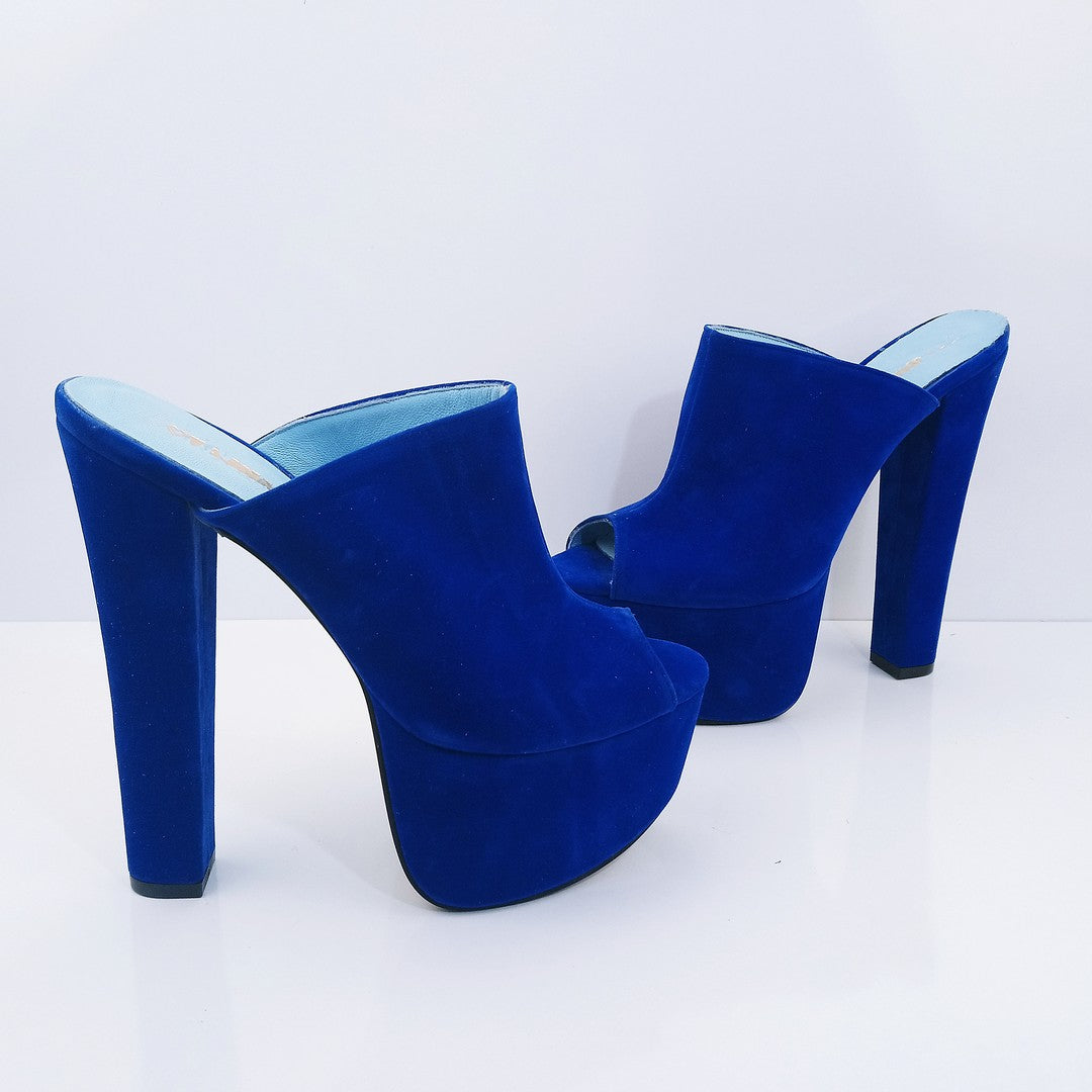 Cobalt Blue Velvet High Heel Platform Mules - Main Image