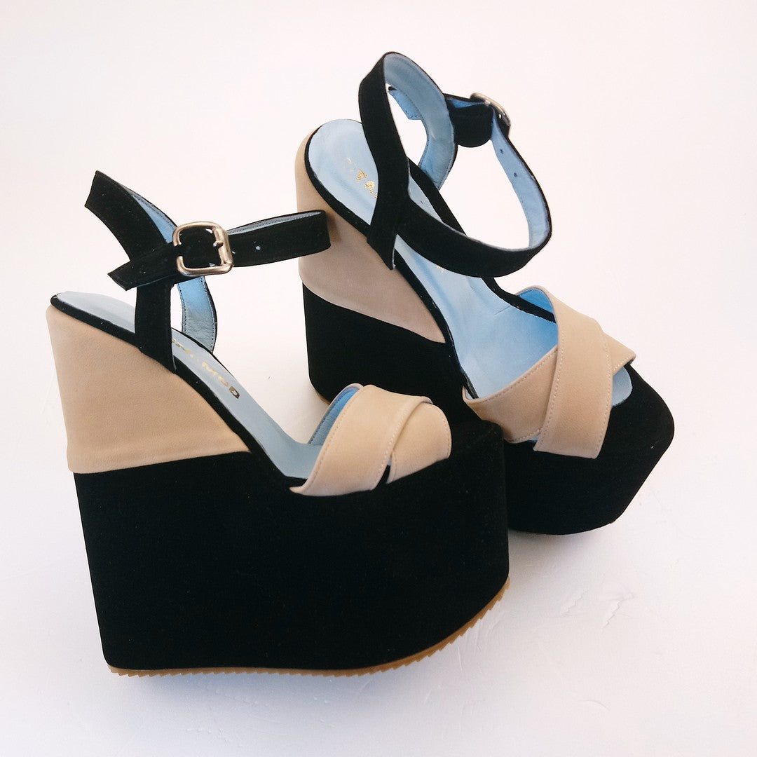 Black Cream Velvet Ankle Strap Platform Wedge Sandals