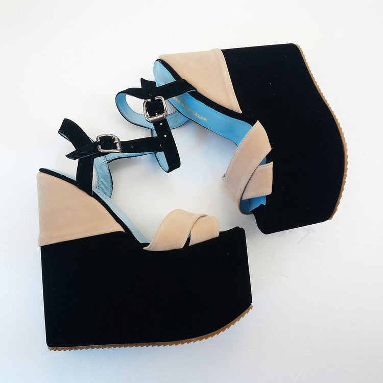 Black Cream Velvet Ankle Strap Platform Wedge Sandals - Tajna Club