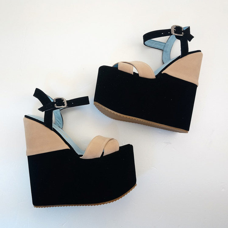 Black Cream Velvet Ankle Strap Platform Wedge Sandals - Tajna Club