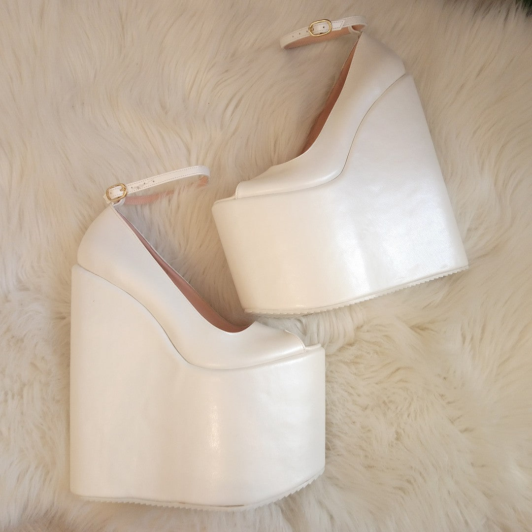 Ivory White Ankle Strap Platform Wedge Bridal Shoes - Tajna Club