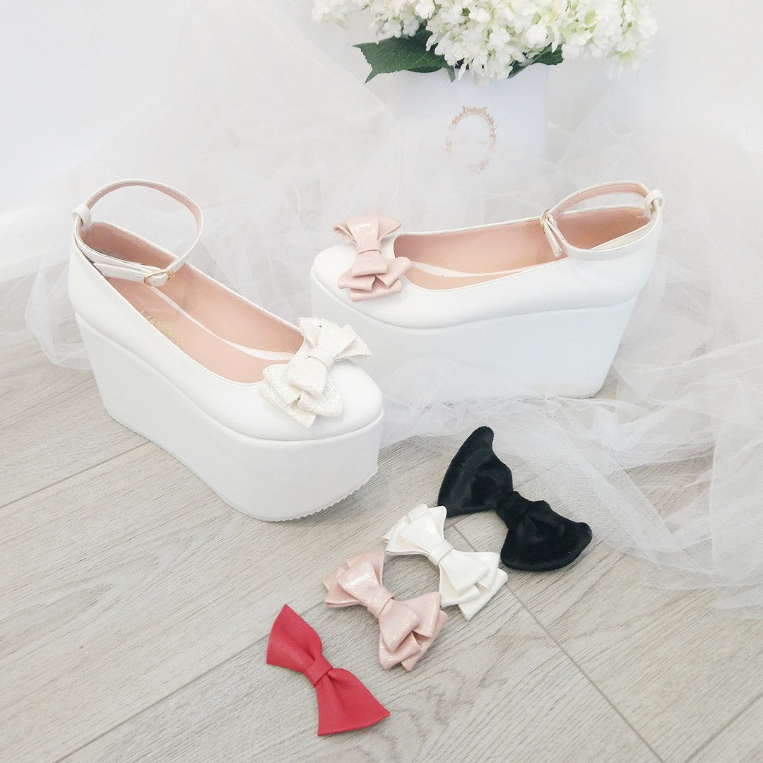 Ribbon White Wedge Platform Shoes