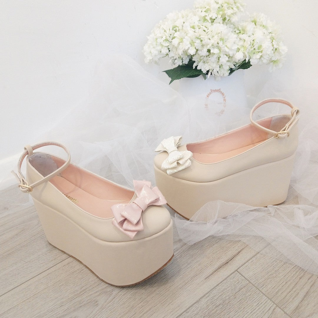 Ribbon Nude Cream Wedge Platform Shoes