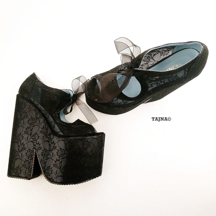Black Full Lace Super High Heel Wedding Wedge Shoes - Tajna Club