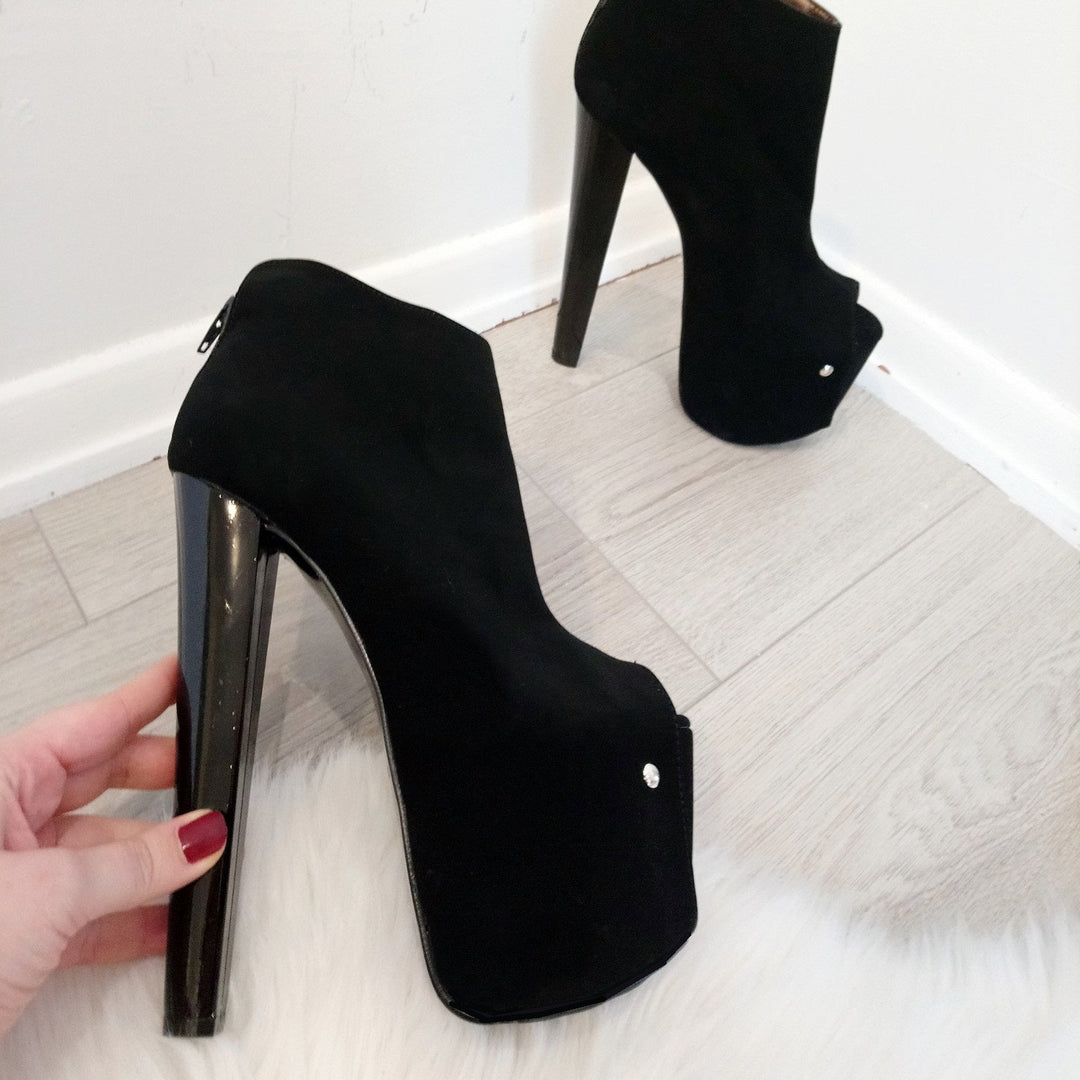 Black Faux Suede Peep Toe Platform Booties - Tajna Club