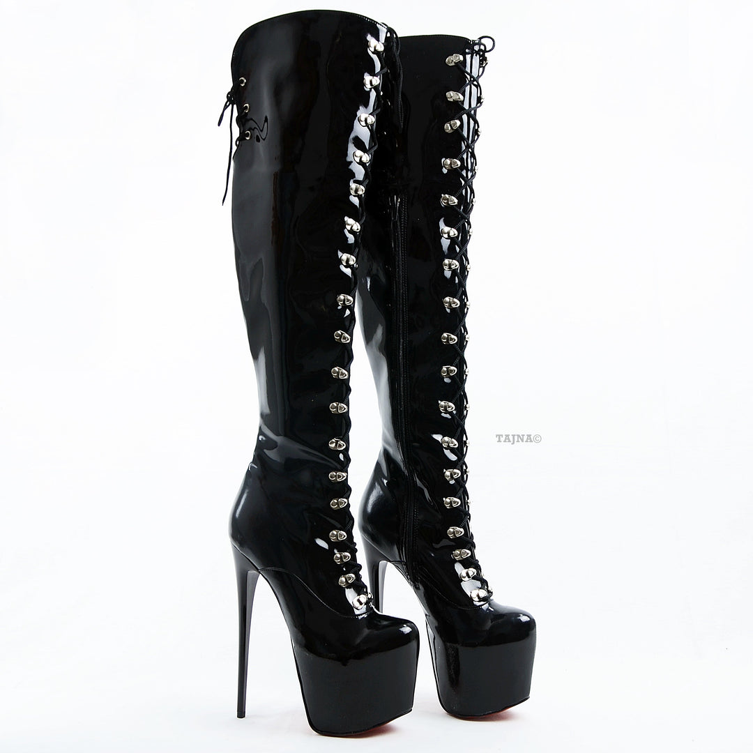 Black Patent Lace Up Military Style Heel Boots - Tajna Club