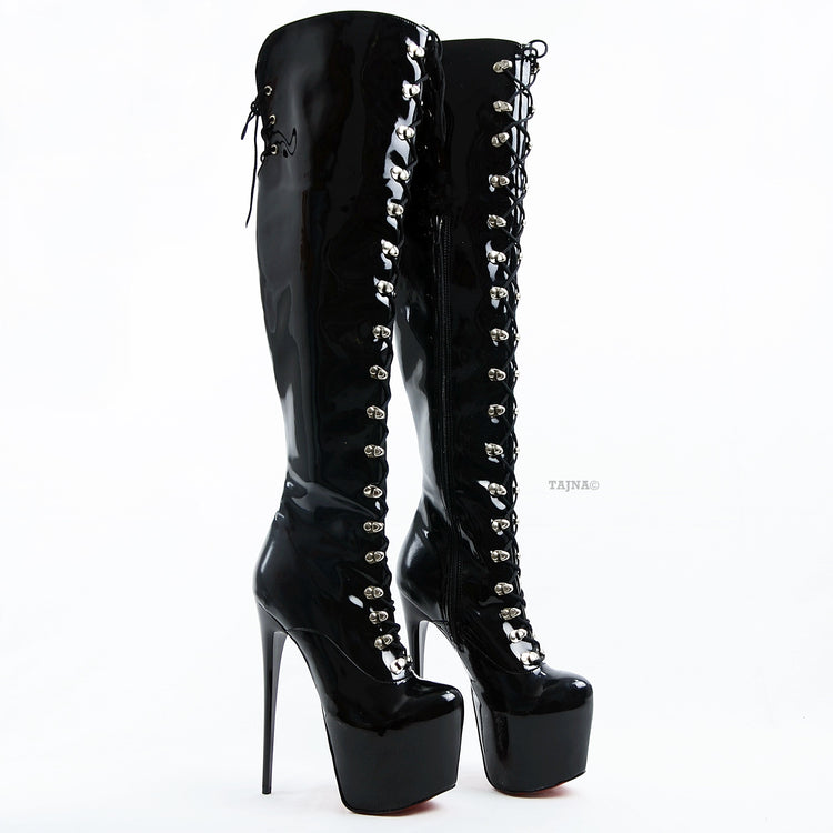 Black Patent Lace Up Military Style Heel Boots - Tajna Club