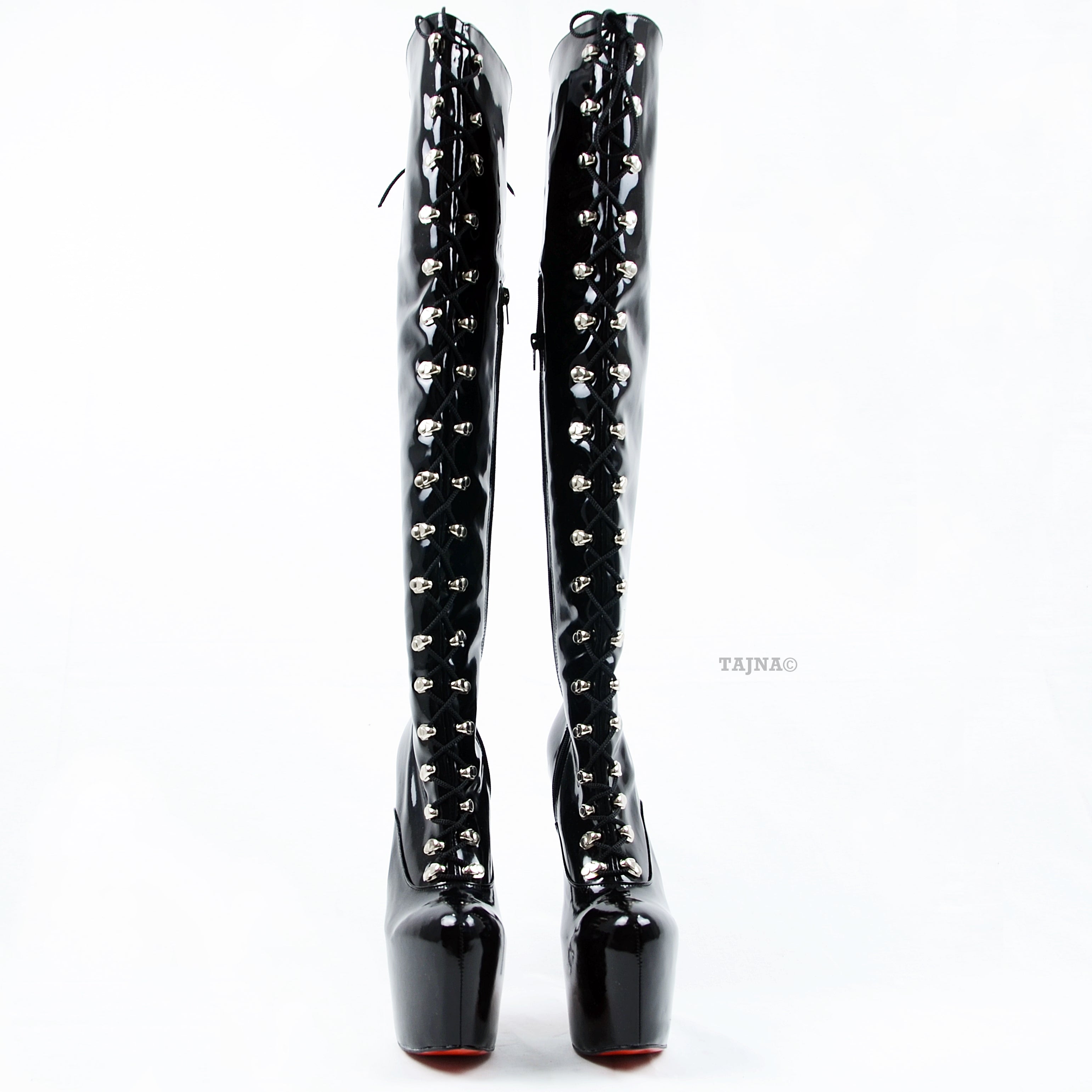 Black Patent Lace Up Military Style Heel Boots - Tajna Club