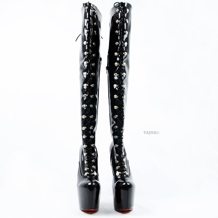 Black Patent Lace Up Military Style Heel Boots - Tajna Club