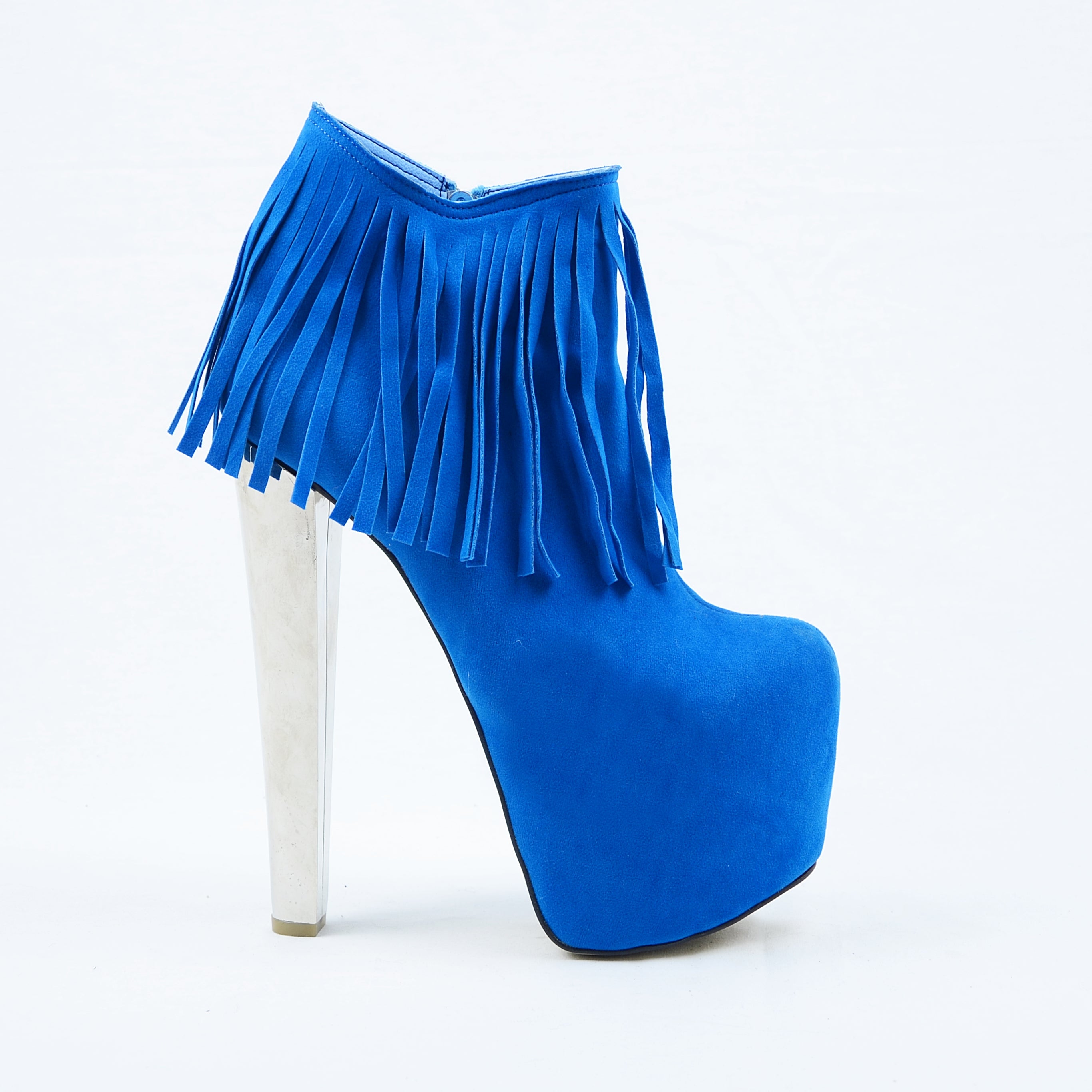 Fringe Blue Suede High Heel Platform Boots - Tajna Club