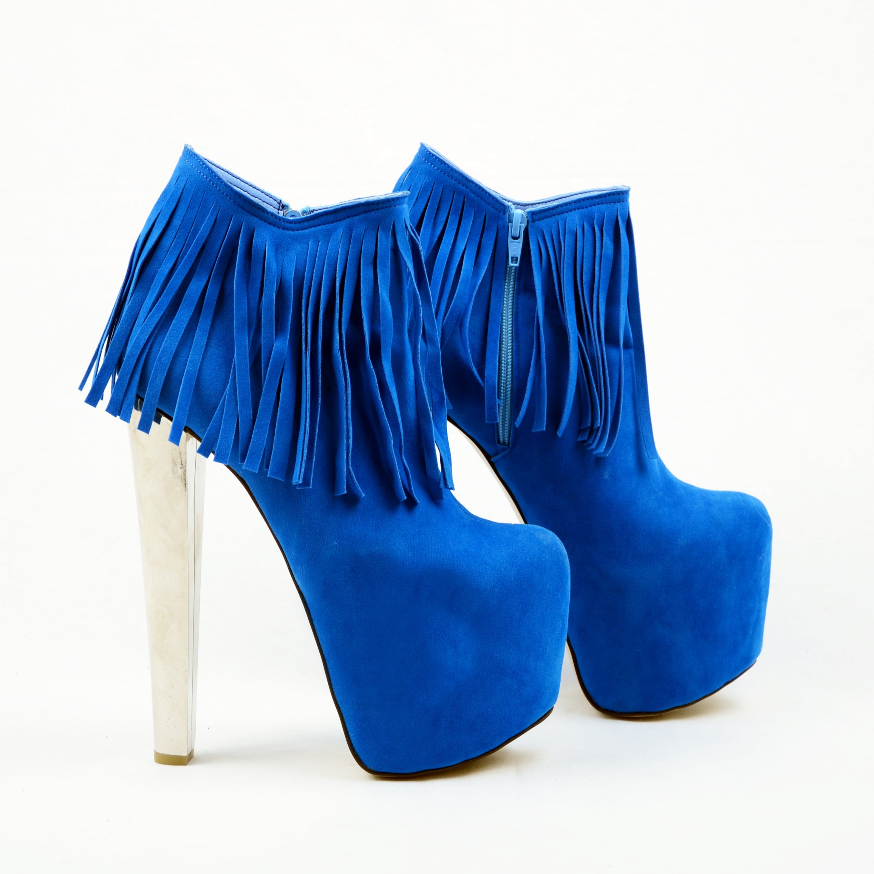 Fringe Blue Suede High Heel Platform Boots - Tajna Club