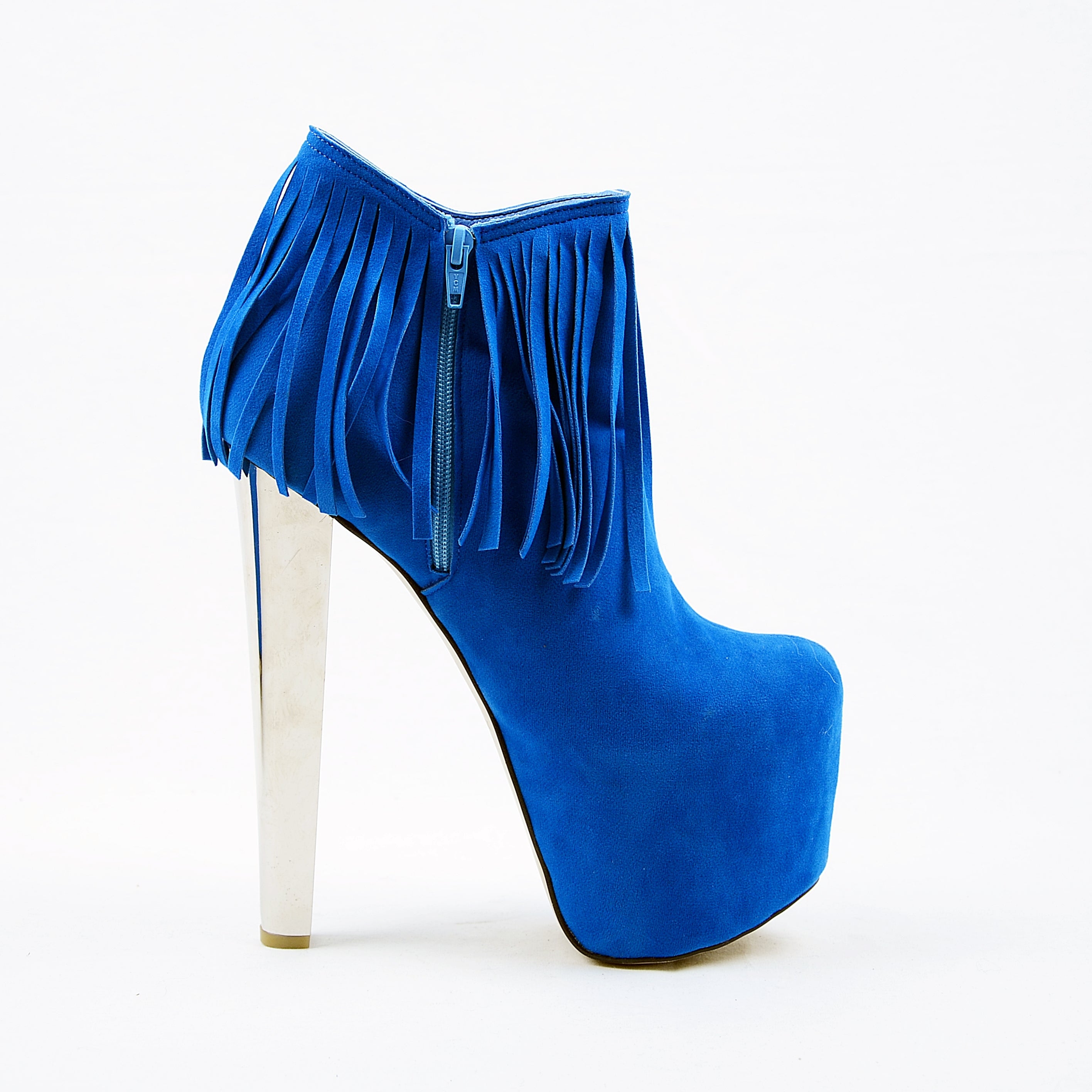 Fringe Blue Suede High Heel Platform Boots - Tajna Club