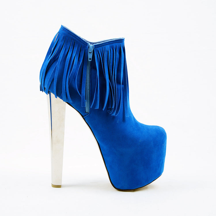 Fringe Blue Suede High Heel Platform Boots - Tajna Club