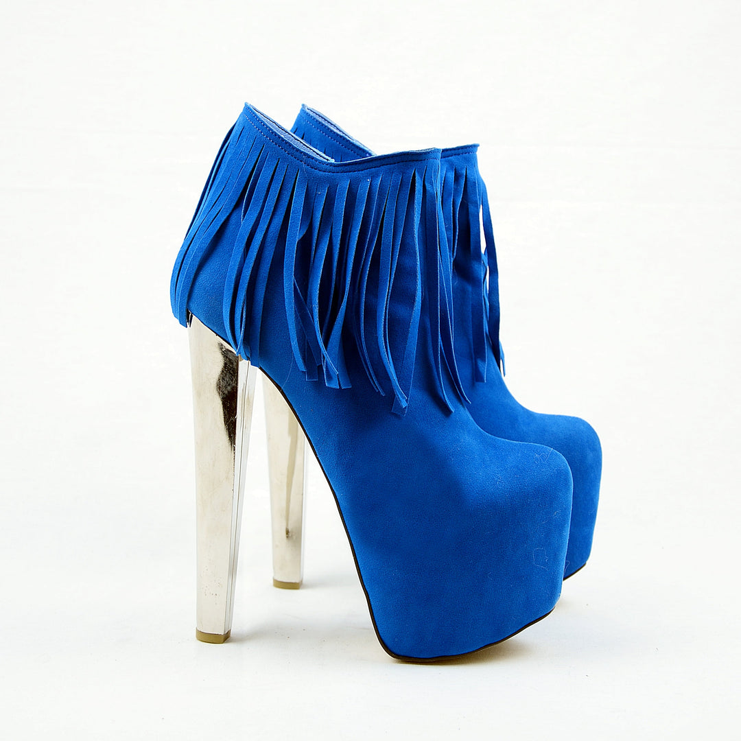 Fringe Blue Suede High Heel Platform Boots - Tajna Club