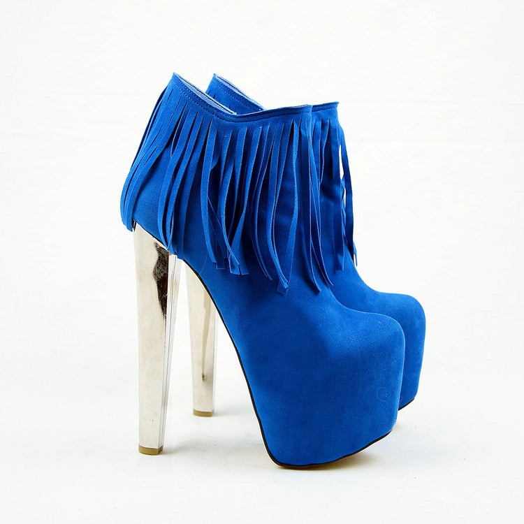 Fringe Blue Suede High Heel Platform Boots - Tajna Club