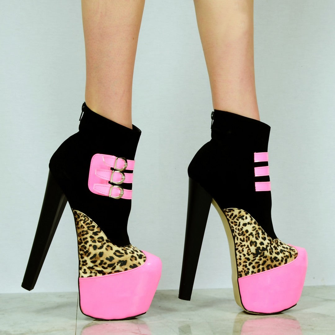 Fuschia Black Leopard High Heel Platform Ankle Boots - Tajna Club