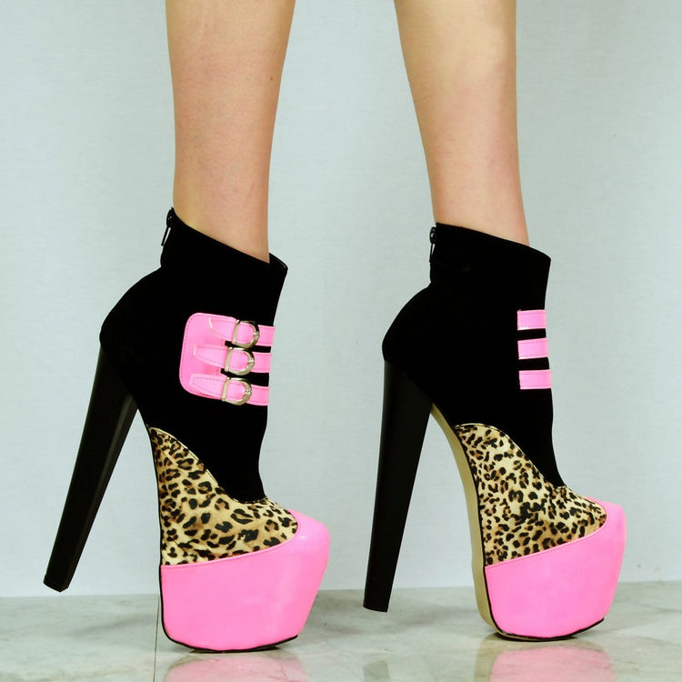 Fuschia Black Leopard High Heel Platform Ankle Boots - Tajna Club